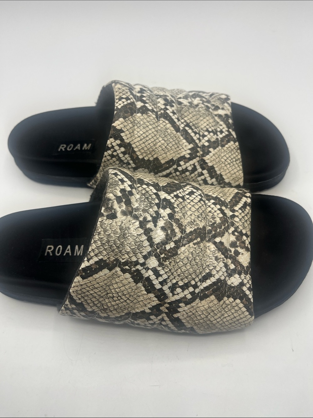 ROAM Python-Print Slide Sandals in Black and Cream